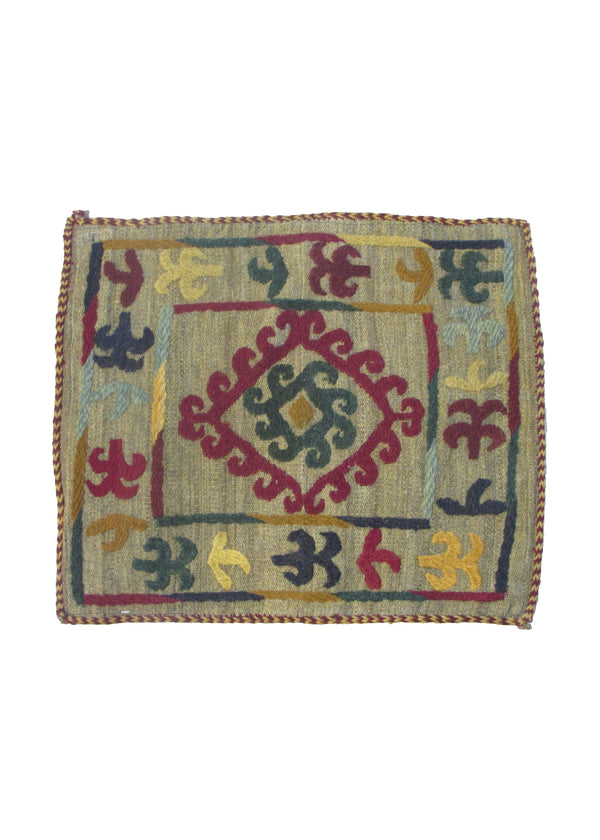Oriental Rug Pakistani Handmade Pillow Tribal 1'7"x1'7" (2x2) Whites/Beige Multi-color Suzani Geometric Design #A30282