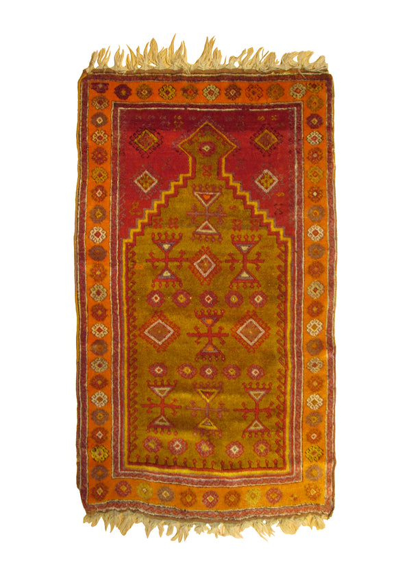 Oriental Rug Turkish Handmade Area Tribal Antique 3'1"x4'11" (3x5) Orange Yellow/Gold Prayer Rug Design #A30291