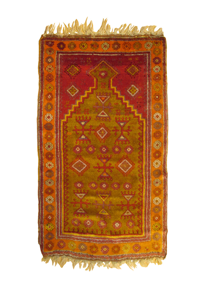 Oriental Rug Turkish Handmade Area Tribal Antique 3'1"x4'11" (3x5) Orange Yellow/Gold Prayer Rug Design #A30291