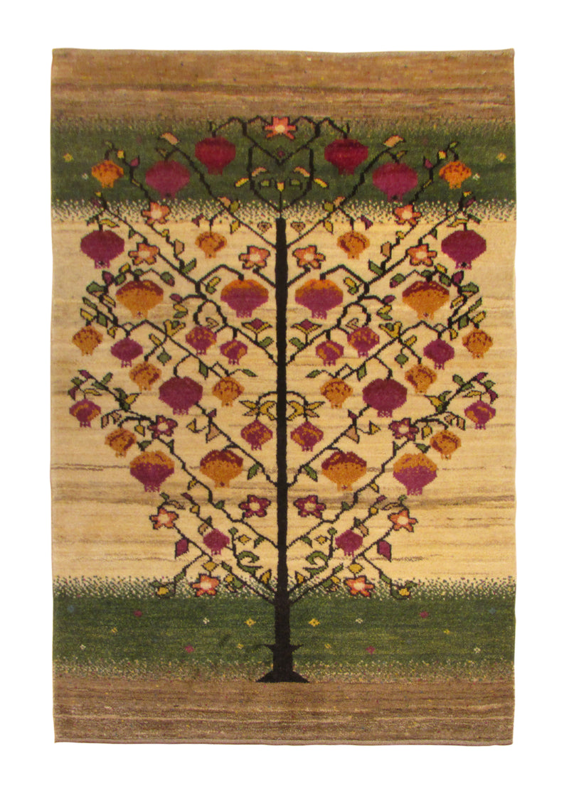 Persian Rug Gabbeh Handmade Area Tribal 3'6"x5'0" (4x5) Whites/Beige Green Tree of Life Gabbeh Design #A30299