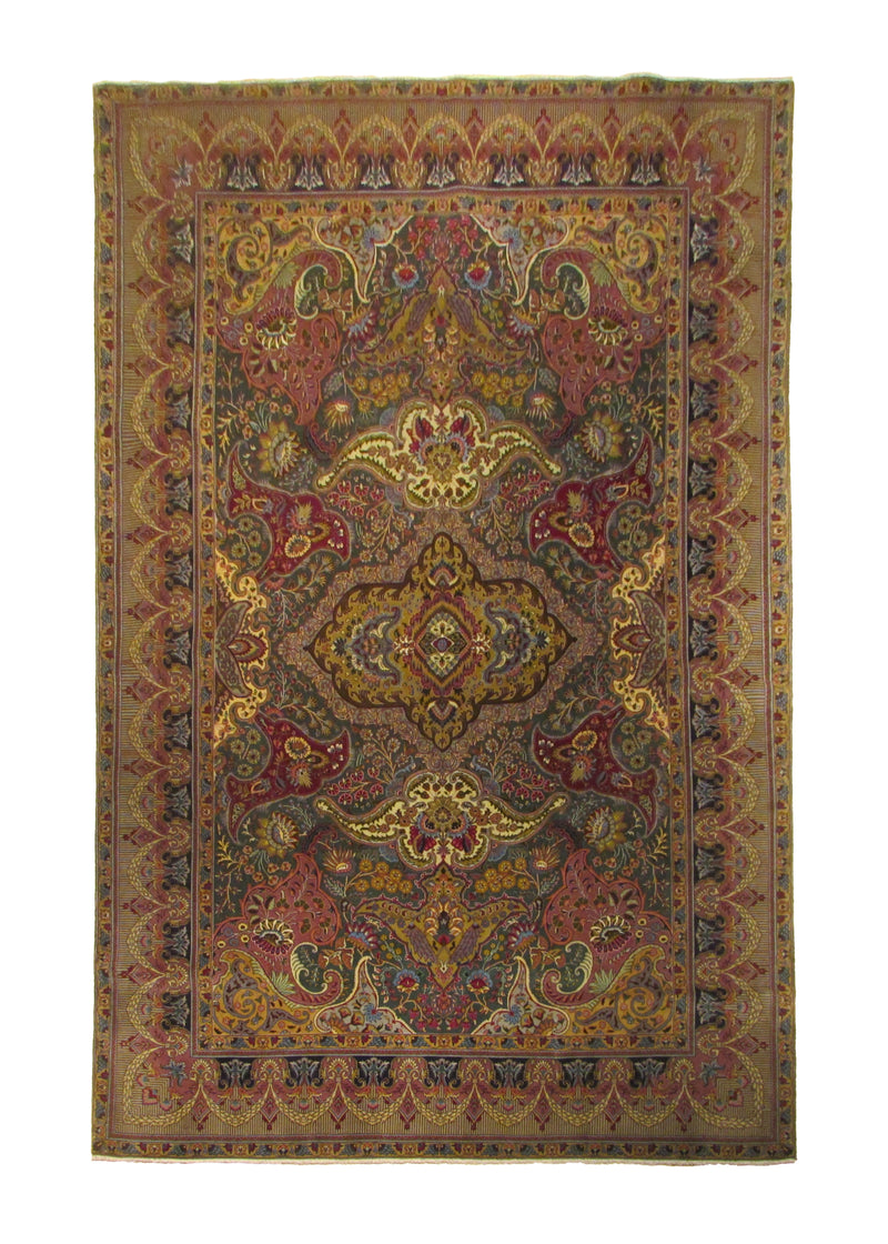 Persian Rug Tabriz Handmade Area Traditional 6'6"x9'5" (7x9) Green Floral Design #A30301