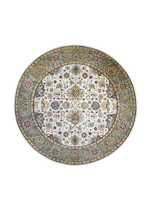Oriental Rug Indian Handmade Round Transitional 6'0"x6'0" (6x6) Whites/Beige Green Tea Washed Floral Design #A30399