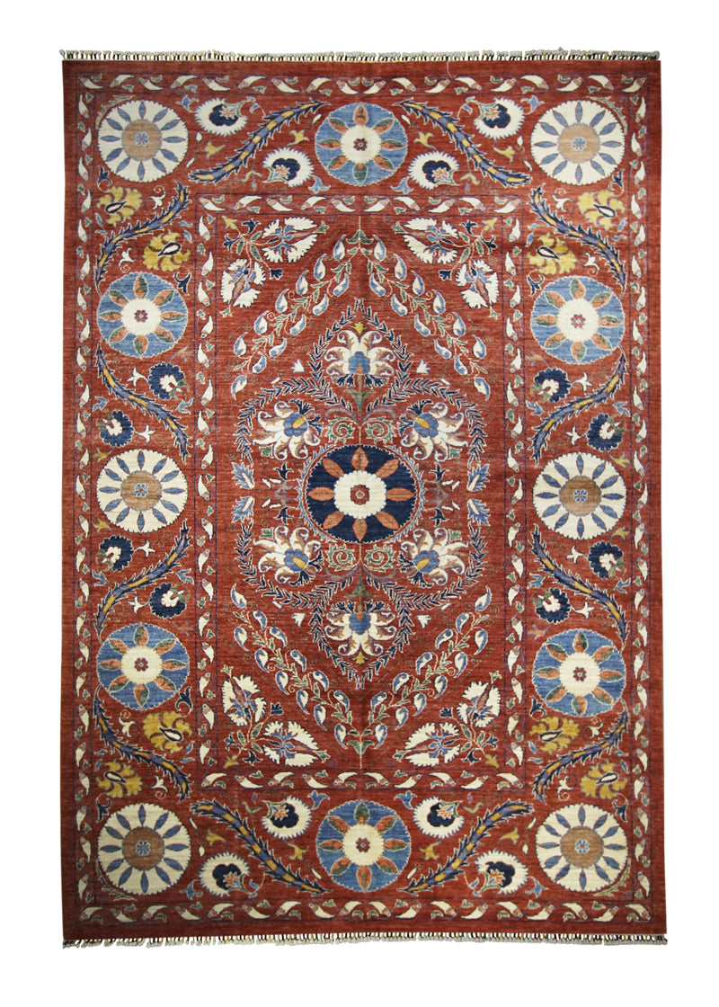 Oriental Rug Pakistani Handmade Area Transitional 6'8"x9'8" (7x10) Red Suzani Floral Design #A30400