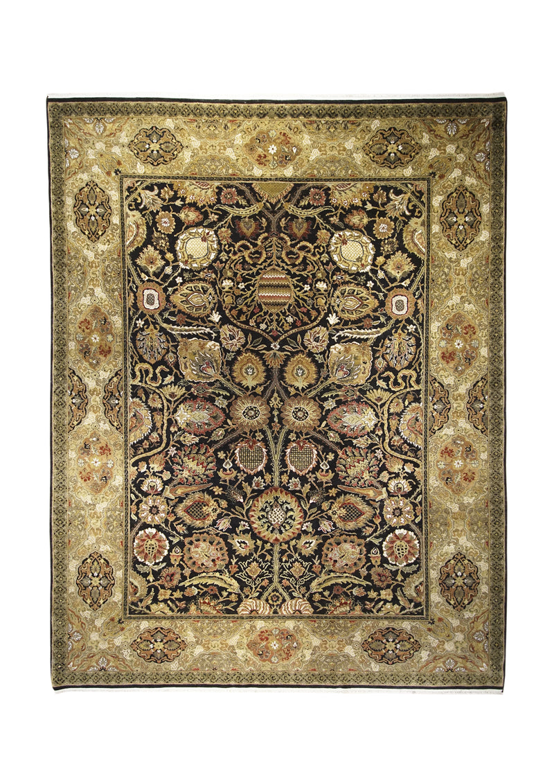 Oriental Rug Indian Handmade Area Transitional 9'0"x11'11" (9x12) Black Yellow/Gold Tea Washed Floral Design #A30429