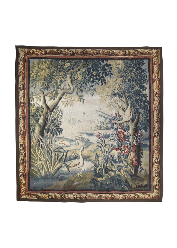 European Rug Handmade Area Traditional Antique 6'4"x7'1" (6x7) Whites/Beige Green Brown Tapestry Flemish Pictorial France Design #A30446