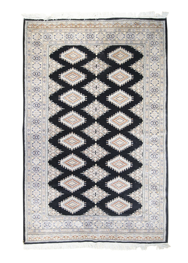 Oriental Rug Pakistani Handmade Area Tribal 5'4"x8'4" (5x8) Black Whites/Beige Bokhara Geometric Design #A30482