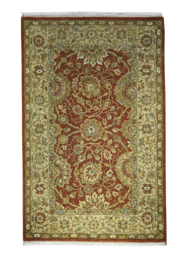 Oriental Rug Indian Handmade Area Transitional 3'11"x6'2" (4x6) Red Yellow/Gold Tea Washed Floral Design #A30526