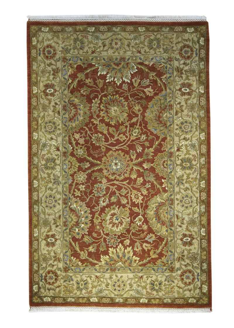 Oriental Rug Indian Handmade Area Transitional 3'11"x6'2" (4x6) Red Yellow/Gold Tea Washed Floral Design #A30526