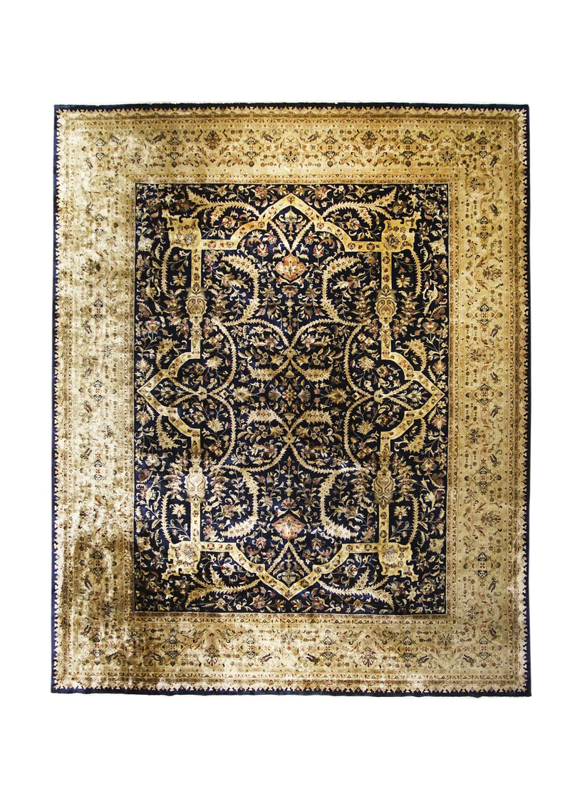 Oriental Rug Indian Handmade Area Transitional 12'0"x15'0" (12x15) Blue Yellow/Gold Tea Washed Floral Design #A30528