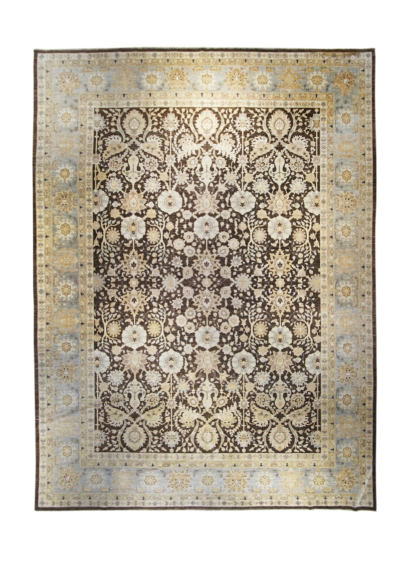 Oriental Rug Pakistani Handmade Area Transitional 13'1"x17'6" (13x18) Brown Blue Yellow/Gold Antique Washed Oushak Floral Design #A30556