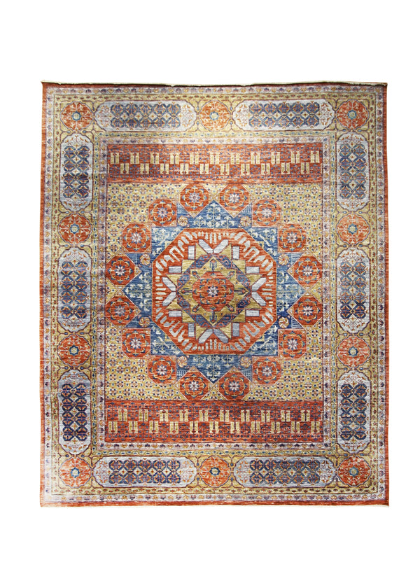Oriental Rug Indian Handmade Area Transitional Tribal 12'4"x14'11" (12x15) Red Yellow/Gold Geometric Mamluk Design #A30575