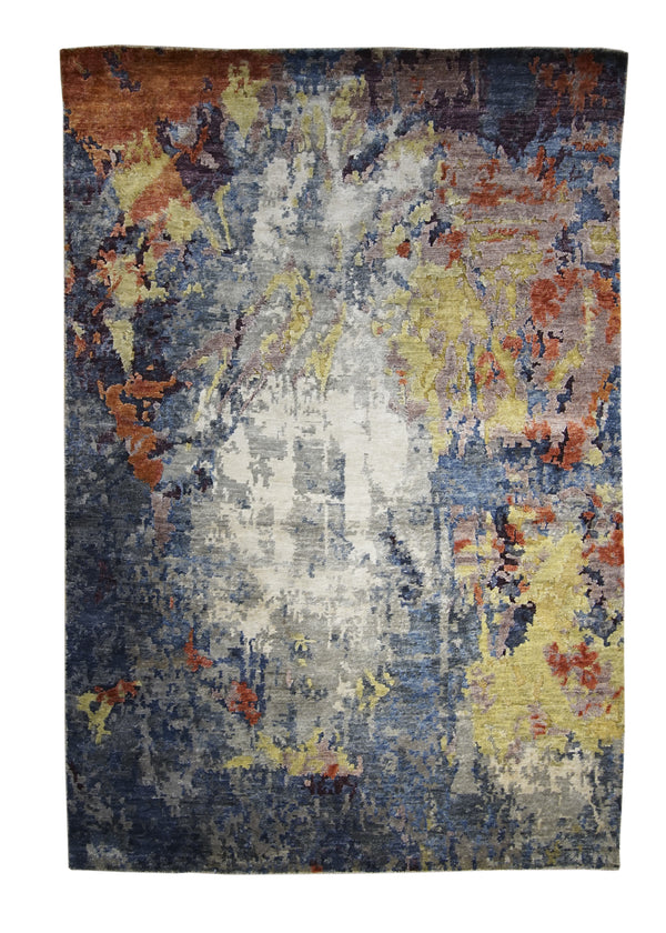 Oriental Rug Indian Handmade Area Modern 3'10"x5'9" (4x6) Blue Yellow/Gold Multi-color Splatter Abstract Design #A30750