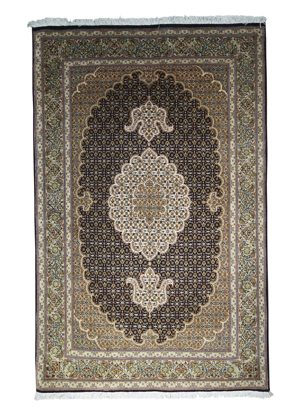 Persian Rug Tabriz Handmade Area Traditional 3'4"x5'2" (3x5) Black Green Whites/Beige Floral Mahi Fish Design #A30777