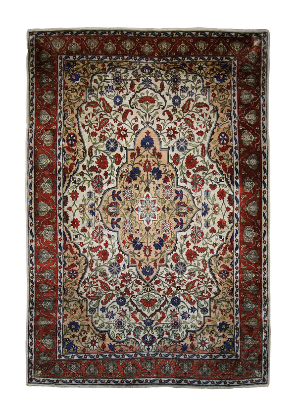 Oriental Rug Turkish Handmade Area Traditional Antique 3'10"x5'7" (4x6) Whites/Beige Red Floral Design #A30816