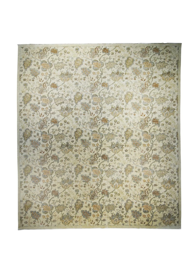 Oriental Rug Pakistani Handmade Area Transitional 8'0"x9'2" (8x9) Whites/Beige Silver Wash Oushak Floral Design #A30831