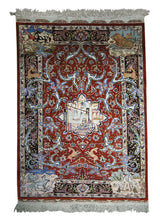 Oriental Rug Turkish Handmade Area Traditional 3'1"x4'2" (3x4) Red Blue Pictorial Kayzeri Design #A30855