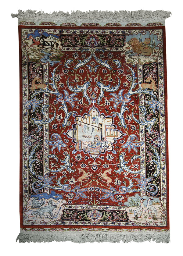 Oriental Rug Turkish Handmade Area Traditional 3'1"x4'2" (3x4) Red Blue Pictorial Kayzeri Design #A30855