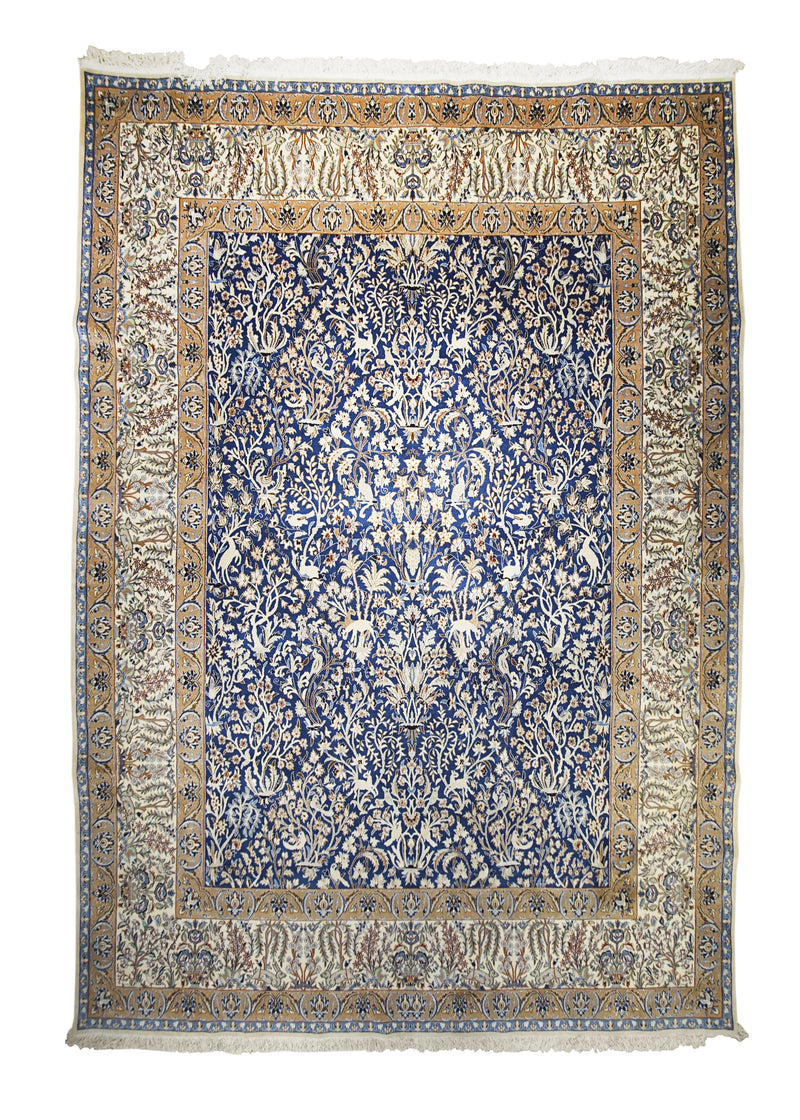 Persian Rug Nain Handmade Area Traditional 8'7"x12'5" (9x12) Blue Whites/Beige Tree of Life Animals Design #A30871
