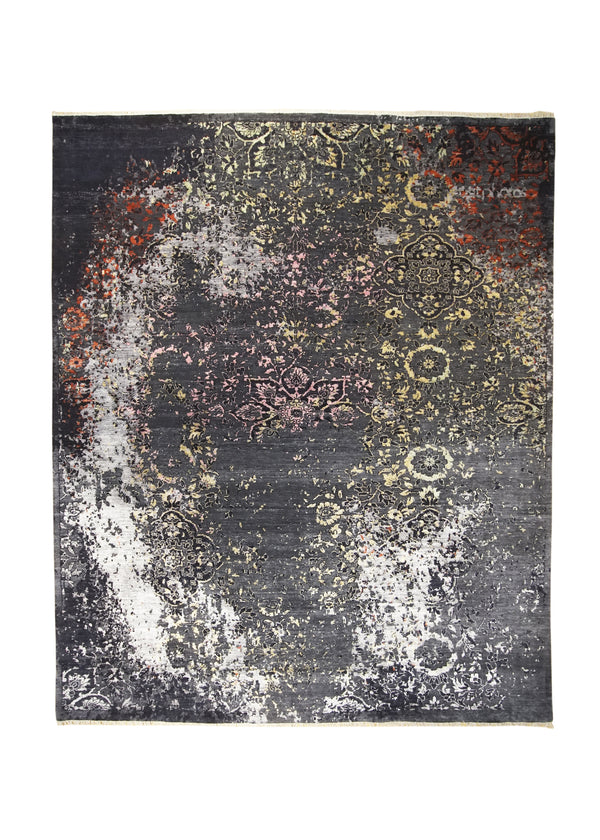Oriental Rug Indian Handmade Area Transitional Modern 8'1"x10'0" (8x10) Gray Multi-color Floral Erased Abstract Design #A30883