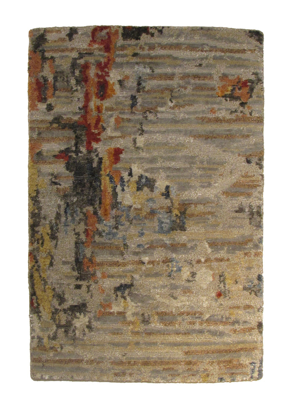 Oriental Rug Indian Handmade Area Modern 2'0"x3'0" (2x3) Brown Whites/Beige Multi-color Stripes Design #A30948