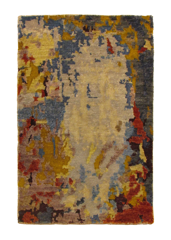Oriental Rug Indian Handmade Area Modern 2'0"x3'0" (2x3) Multi-color Yellow/Gold Splatter Abstract Design #A30954