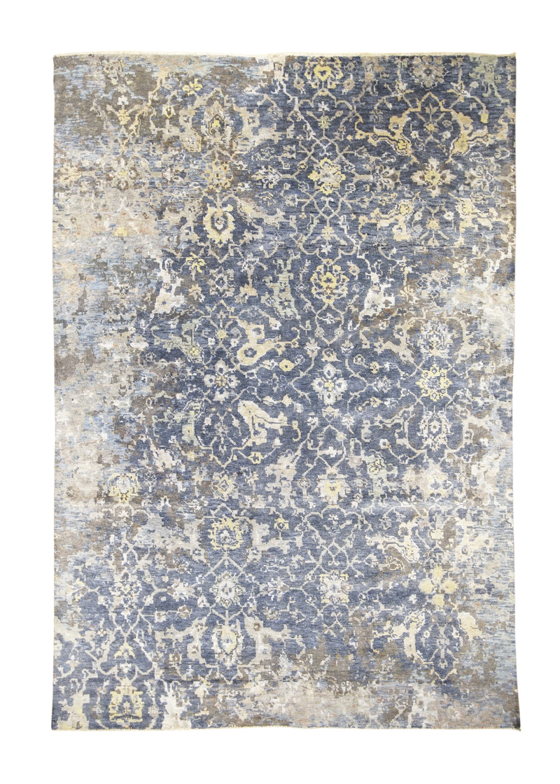 Oriental Rug Indian Handmade Area Transitional 6'0"x8'8" (6x9) Blue Yellow/Gold Erased Floral Abstract Design #A30972