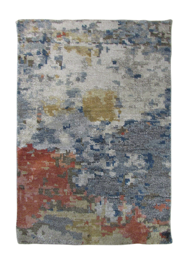 Oriental Rug Indian Handmade Area Modern 2'0"x3'0" (2x3) Blue Multi-color Splatter Abstract Design #A30980