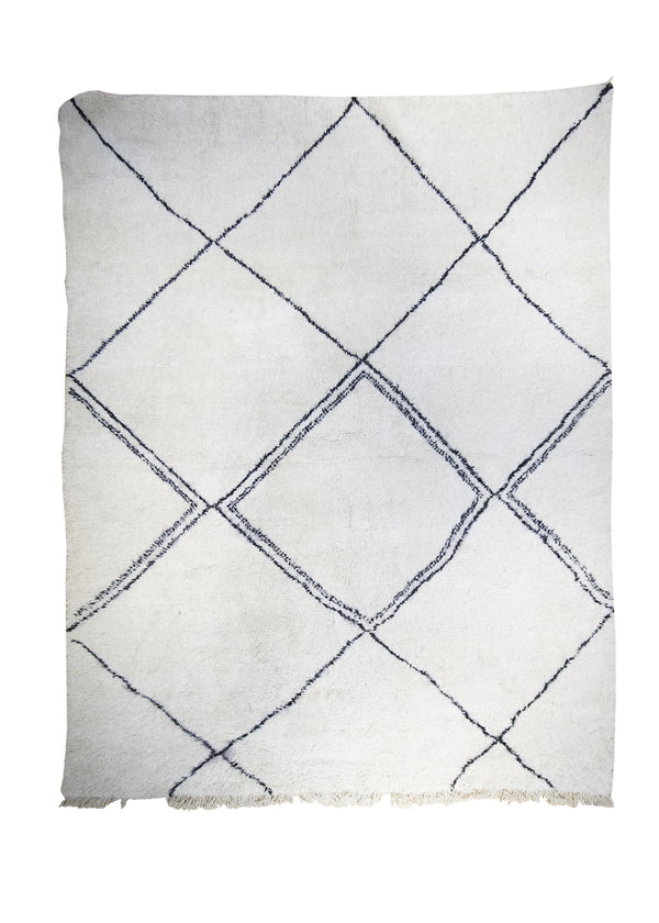 Oriental Rug Moroccan Handmade Area Tribal Shag 7'6"x10'1" (8x10) Whites/Beige Black Benie Ourain Geometric Shag Design #A30986