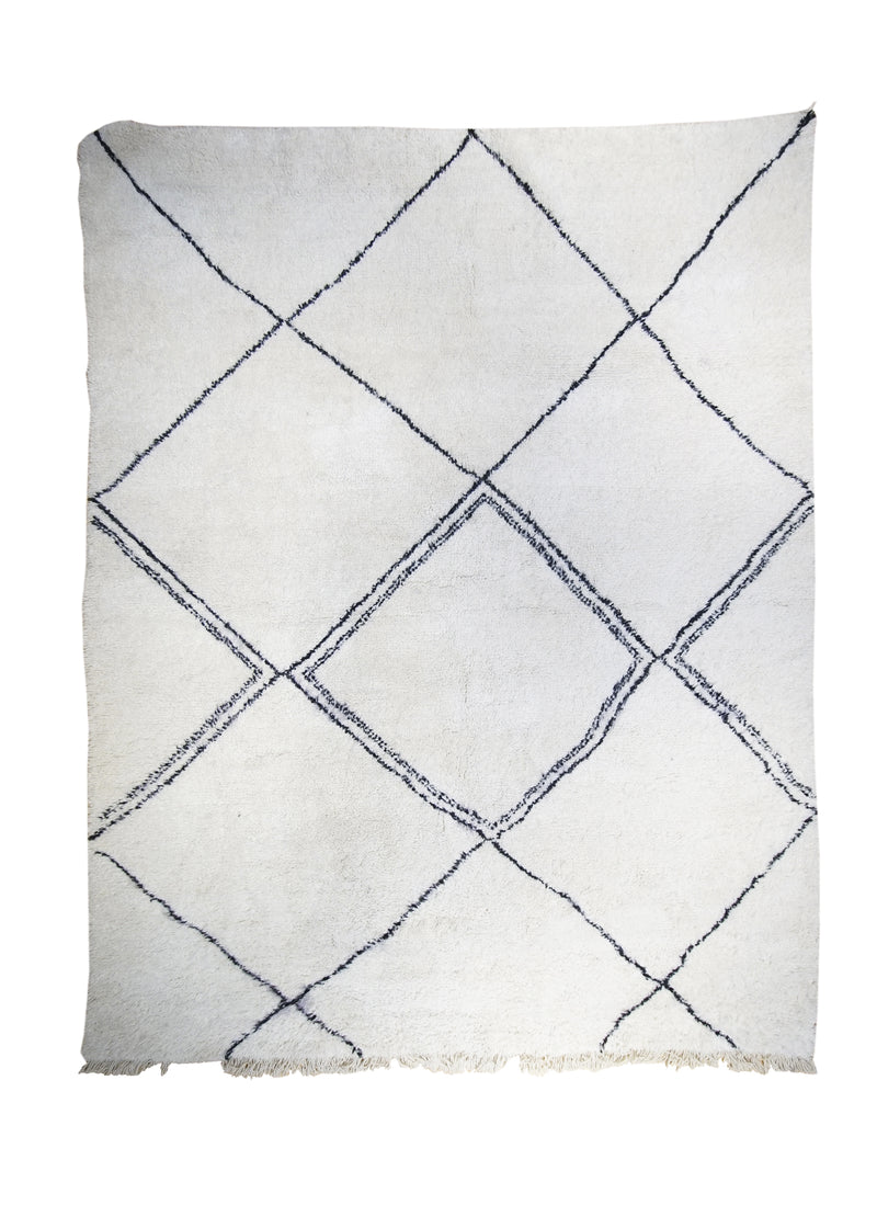 Oriental Rug Moroccan Handmade Area Tribal Shag 7'6"x10'1" (8x10) Whites/Beige Black Benie Ourain Geometric Shag Design #A30986