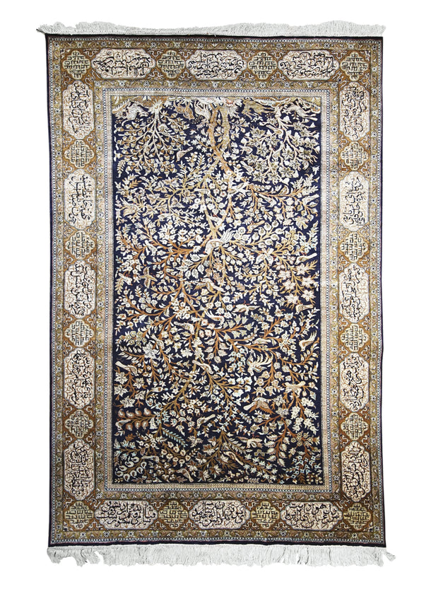 Persian Rug Qum Handmade Area Traditional 4'6"x6'10" (5x7) Blue Yellow/Gold Whites/Beige Tree of Life Animals Design #A30994