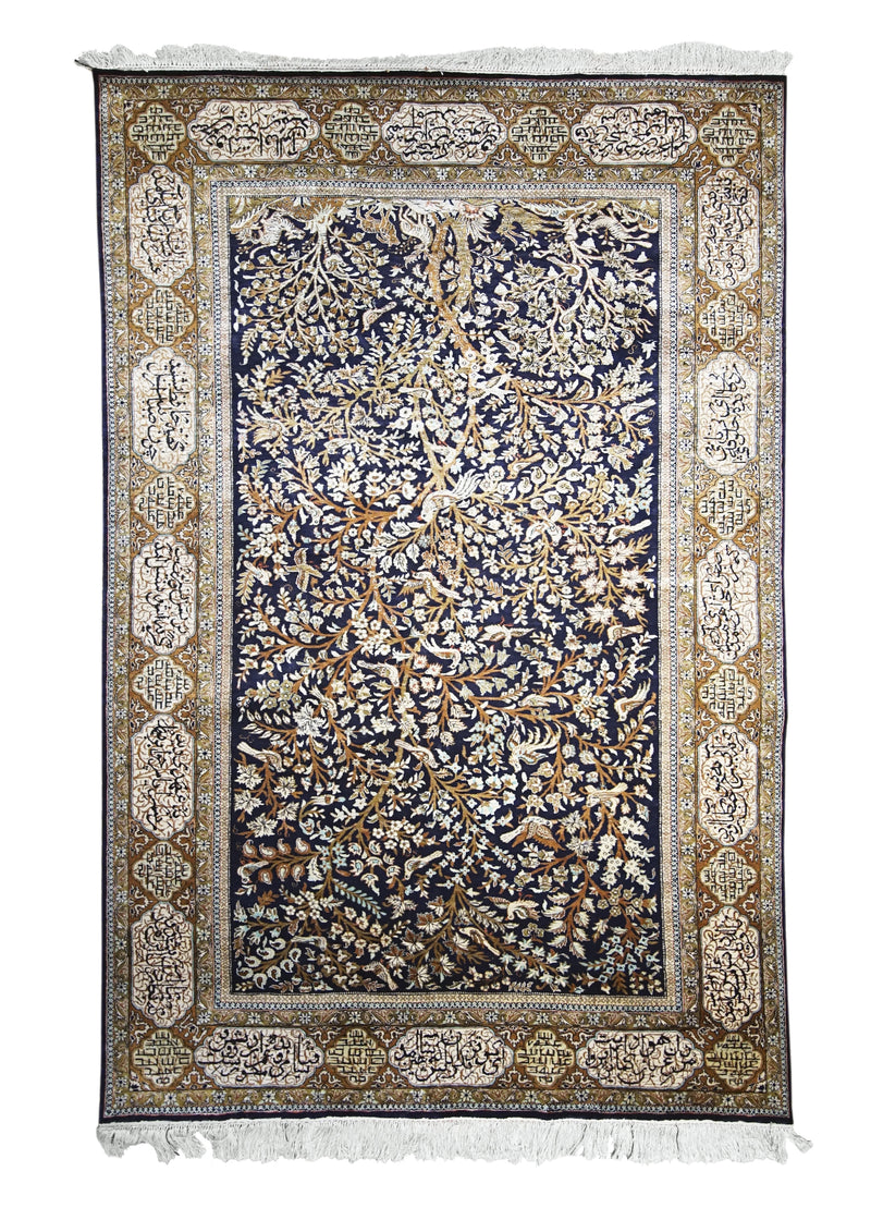 Persian Rug Qum Handmade Area Traditional 4'6"x6'10" (5x7) Blue Yellow/Gold Whites/Beige Tree of Life Animals Design #A30994