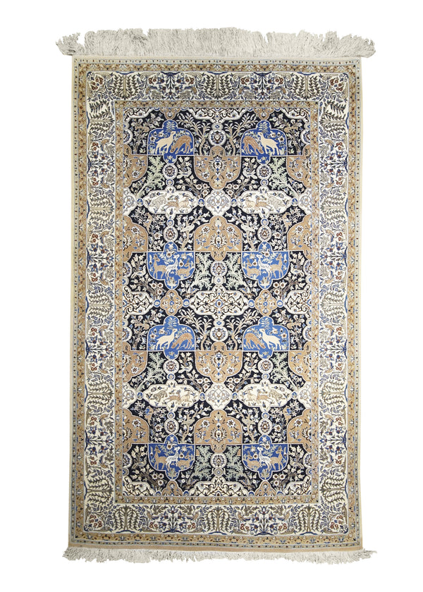 Persian Rug Nain Handmade Area Traditional 4'2"x7'0" (4x7) Whites/Beige Blue Floral Animals Design #A30996