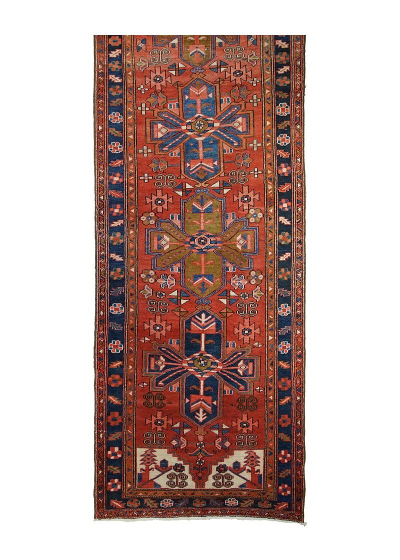 Persian Rug Heriz Handmade Runner Tribal Vintage 3'4"x11'2" (3x11) Red Blue Geometric Design #A31012
