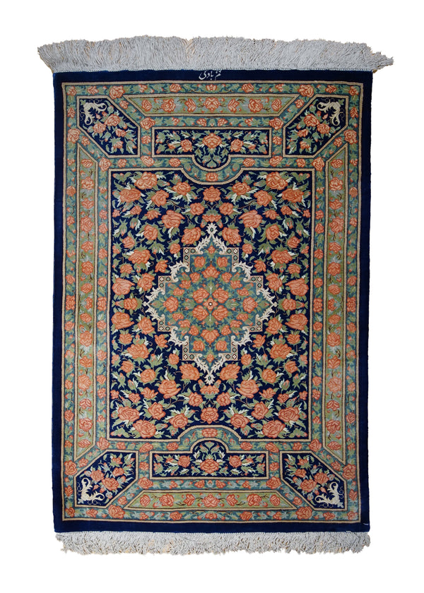 Persian Rug Qum Handmade Area Traditional 1'9"x2'9" (2x3) Blue Pink Floral Design #A31024
