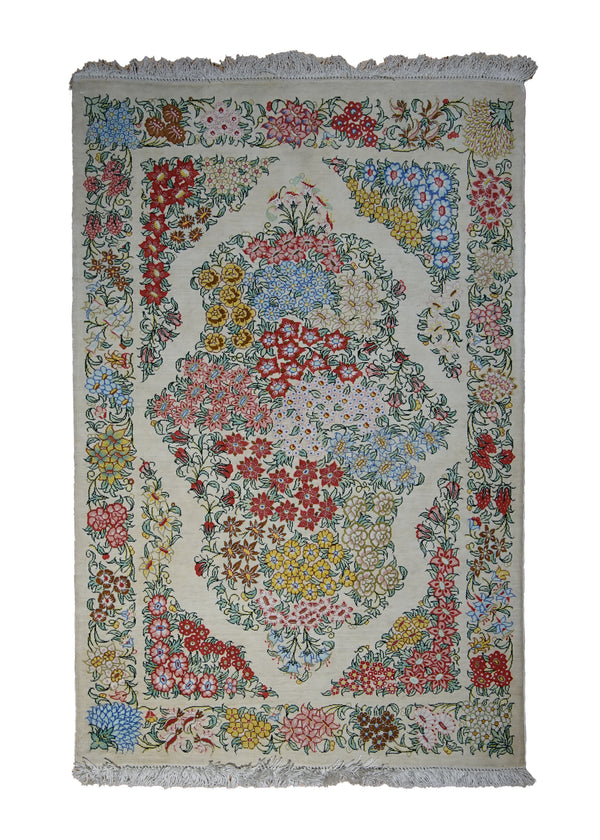 Persian Rug Qum Handmade Area Traditional 1'9"x2'9" (2x3) Whites/Beige Floral Design #A31025