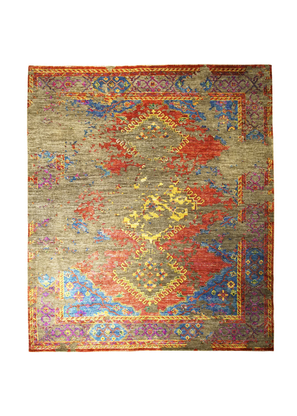 Oriental Rug Indian Handmade Area Transitional 8'2"x9'10" (8x10) Gray Red Multi-color Geometric Erased Abstract Design #A31066