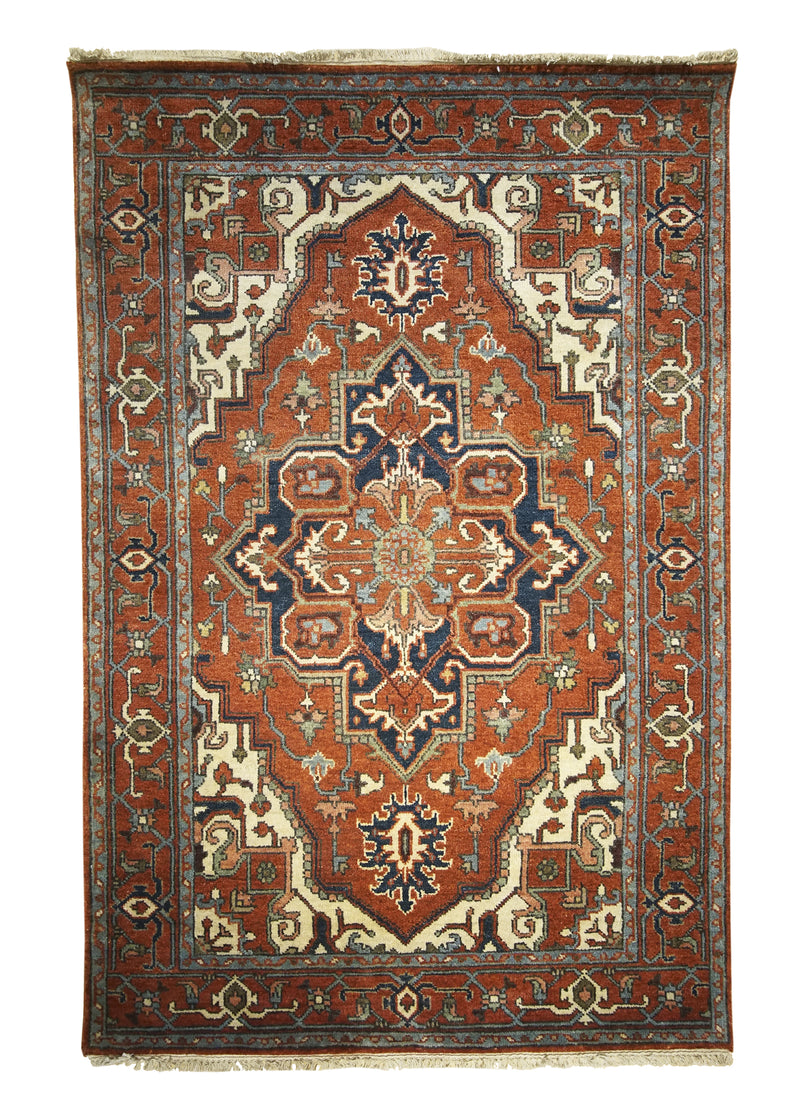 Oriental Rug Indian Handmade Area Transitional Tribal 3'11"x6'0" (4x6) Red Geometric Heriz Design #A31069