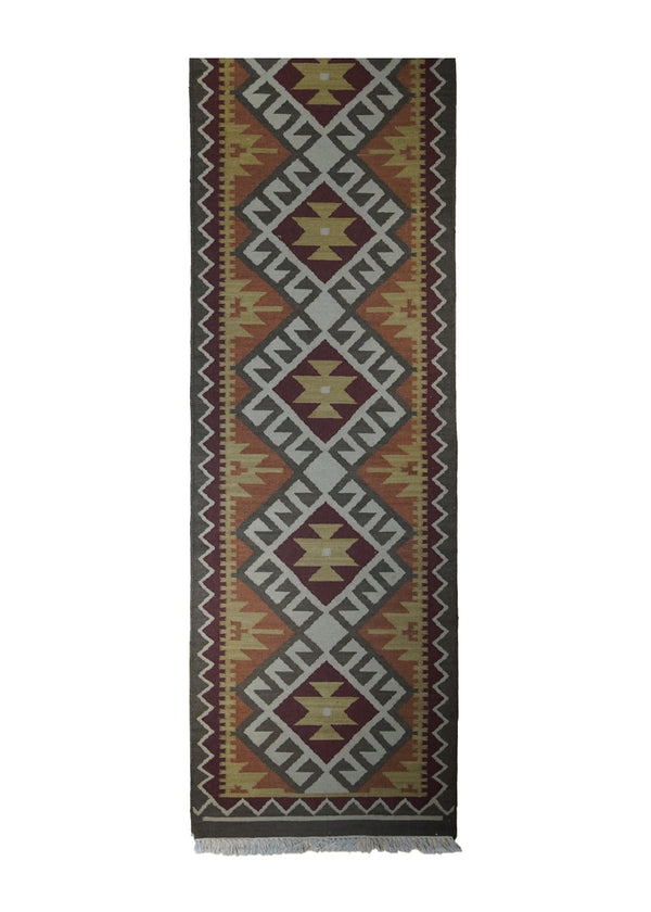 Oriental Rug Indian Handmade Runner Tribal 2'6"x9'11" (3x10) Multi-color Green Dhurrie Tea Washed Geometric Design #A31094