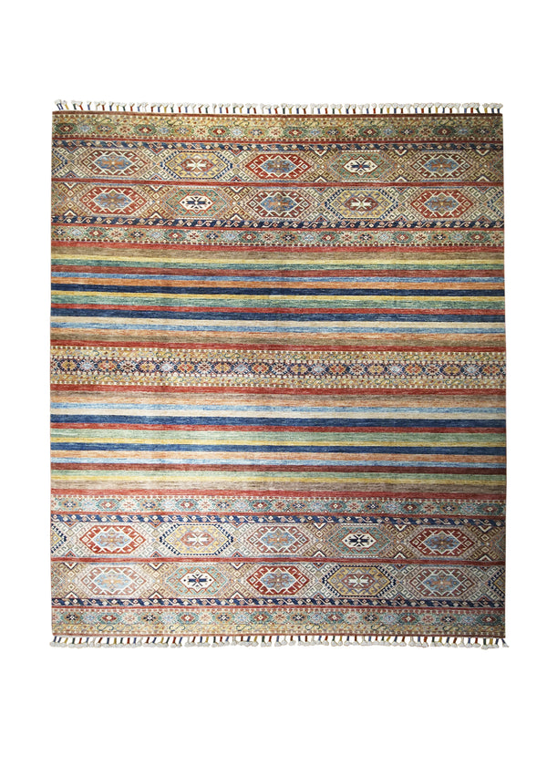 Oriental Rug Afghan Handmade Area Transitional 8'4"x9'5" (8x9) Multi-color Red Khorjin Stripes Design #A31146