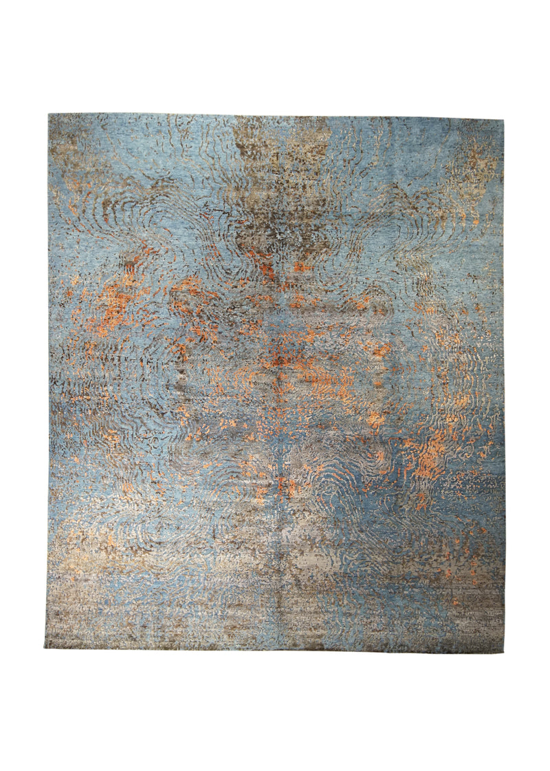 Oriental Rug Indian Handmade Area Modern 8'0"x9'9" (8x10) Blue Orange Ripple Abstract Design #A31152