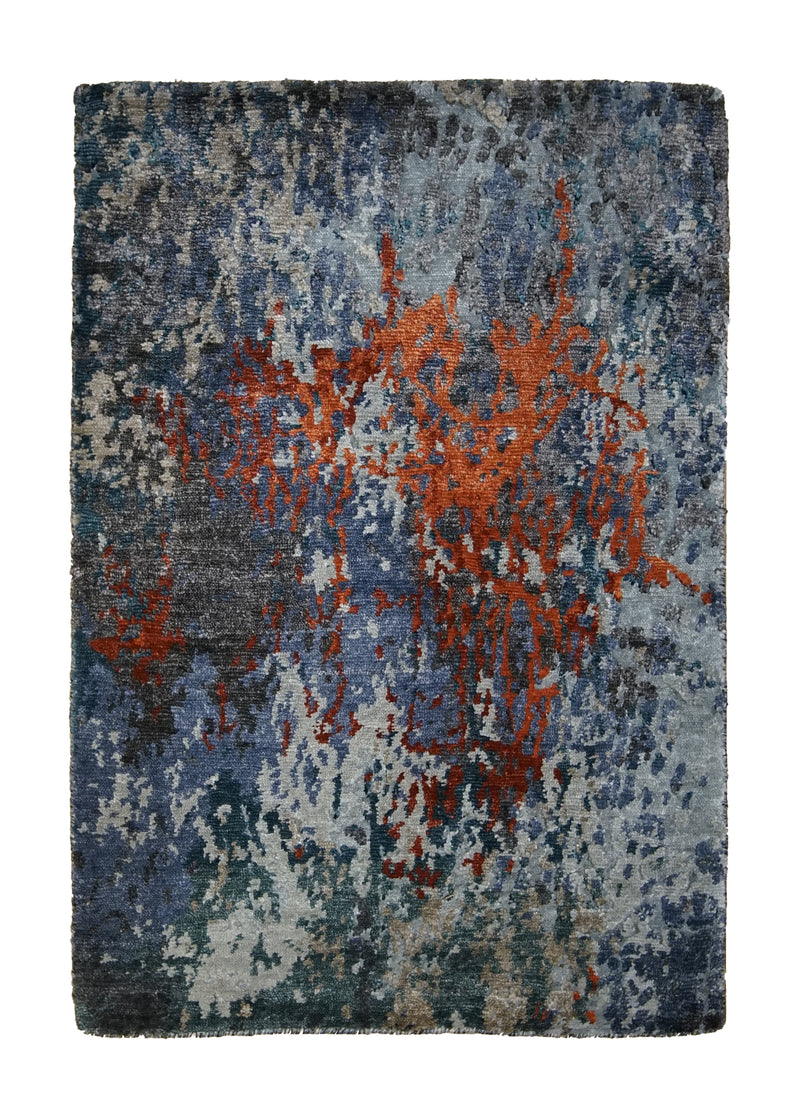 Oriental Rug Indian Handmade Area Modern 2'0"x3'0" (2x3) Blue Red Splatter Abstract Design #A31355