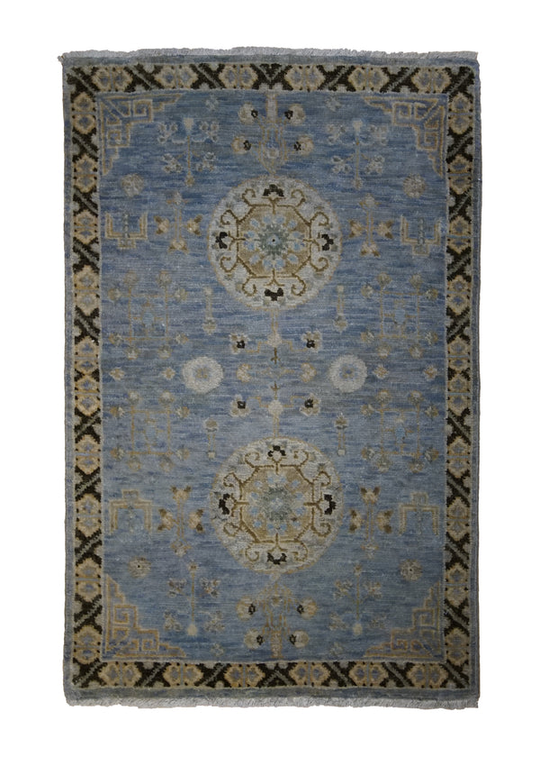 Oriental Rug Indian Handmade Area Transitional 2'0"x3'0" (2x3) Blue Yellow/Gold Floral Khotan Design #A31384