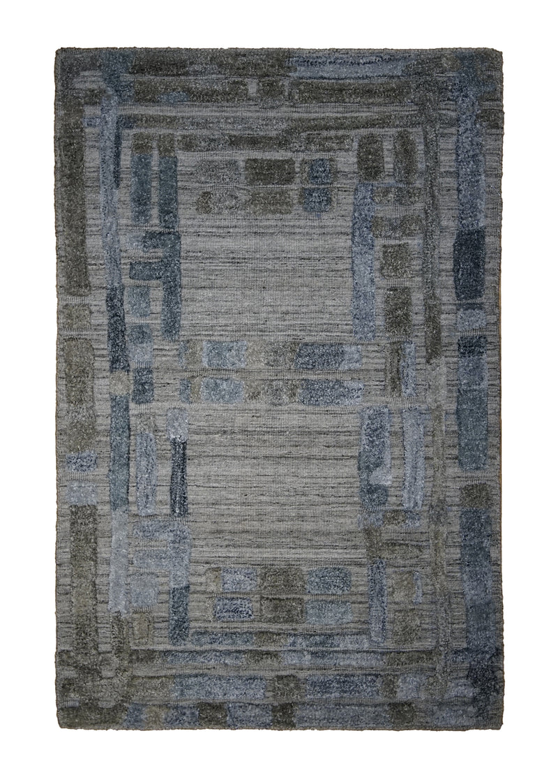 Oriental Rug Indian Handmade Area Modern 2'0"x3'0" (2x3) Whites/Beige Blue Gray High Low Pile Design #A31386