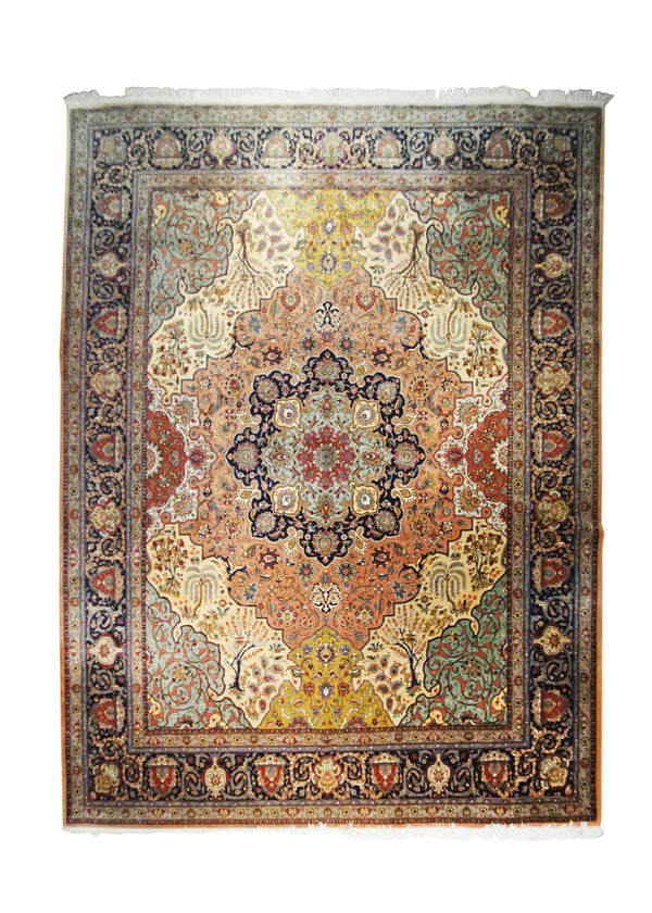 Persian Rug Tabriz Handmade Area Traditional 10'0"x13'7" (10x14) Pink Blue Yellow/Gold Floral Design #A31391