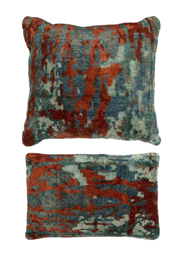 Oriental Rug Indian Handmade Pillow Modern 1'10"x1'10" (2x2) Blue Red Gray Splatter Abstract Design #A31439