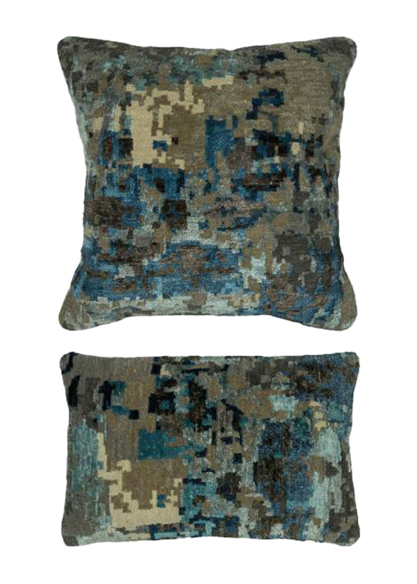 Oriental Rug Indian Handmade Pillow Modern 1'10"x1'10" (2x2) Blue Gray Whites/Beige Splatter Abstract Design #A31441
