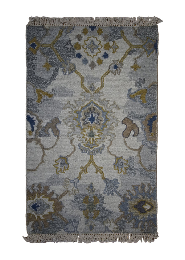 Oriental Rug Indian Handmade Area Transitional 2'0"x3'0" (2x3) Whites/Beige Yellow/Gold Blue Floral Oushak Soumak Design #A31453