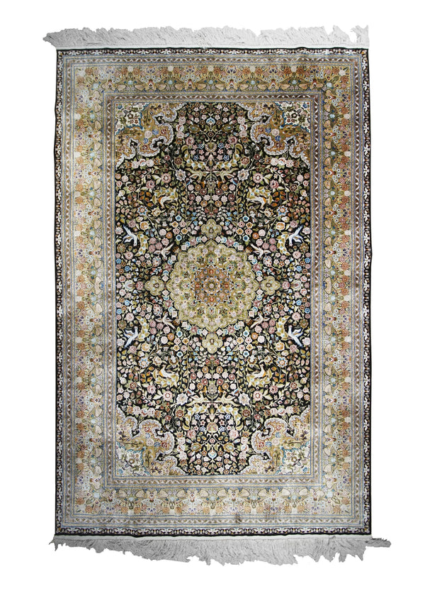 Oriental Rug Turkish Handmade Area Traditional 5'1"x8'0" (5x8) Black Green Floral Animals Design #A31502