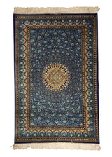 A31505 Persian Rug Qum Handmade Area Traditional 3'2'' x 4'11'' -3x5- Blue Yellow Gold Gonbad Design