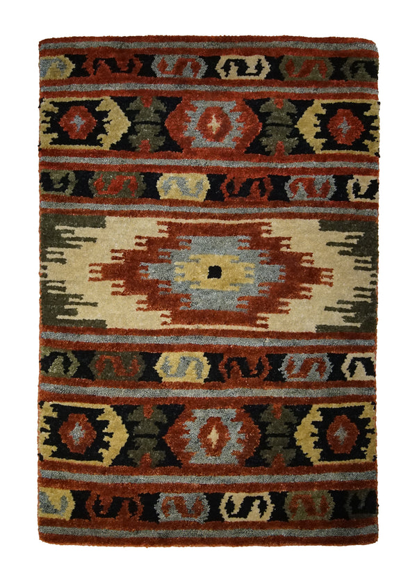 Oriental Rug Indian Handmade Area Transitional 2'0"x3'0" (2x3) Multi-color Red Geometric Design #A31546